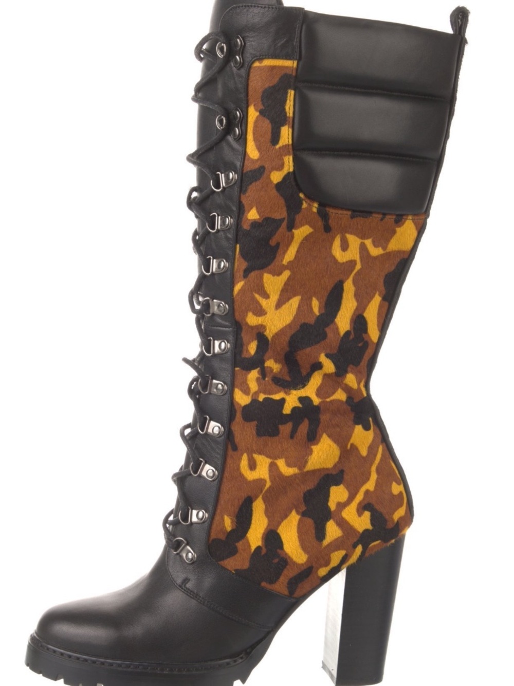 Jennifer Le!! Black & Brown Camouflage Lace-Up Mid-Calf Heel Boots